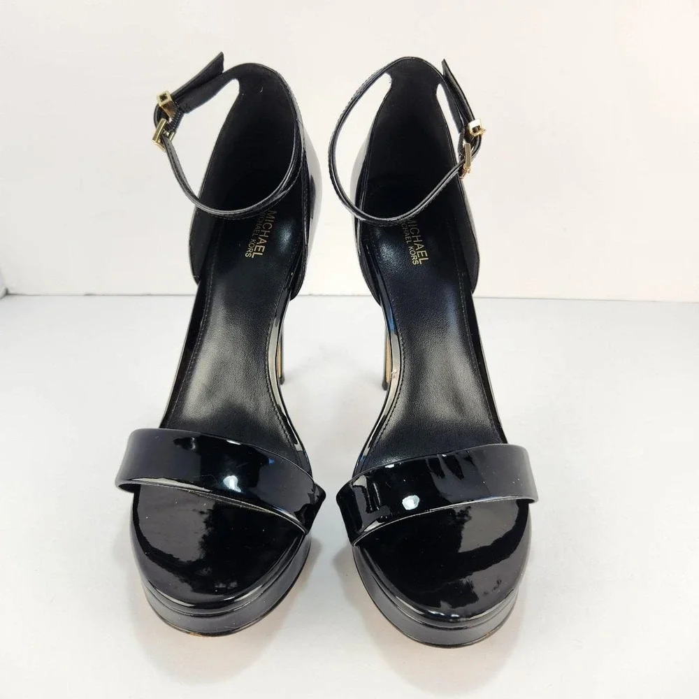 Michael Kors Women's Black Patent Leather Ankle Strap Platform Heels Size 9M